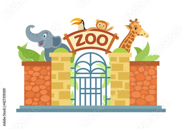 Fototapeta Zoo entrance gate. The zoo is home to an elephant, a giraffe, a monkey, a parrot. Vector illustration in cartoon style isolated.