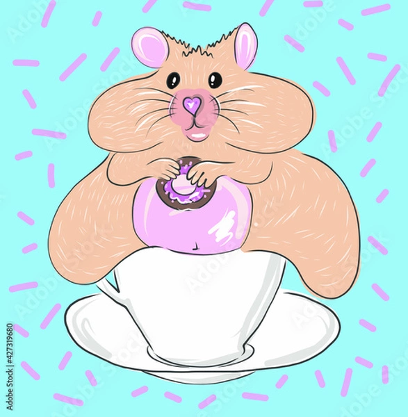Fototapeta Funny hamster has a doughnut in a mug