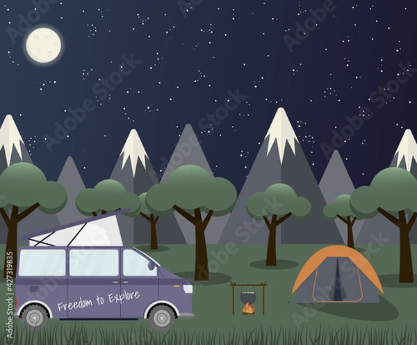 Fototapeta Caravan in a forest at night. Local summer vacation.