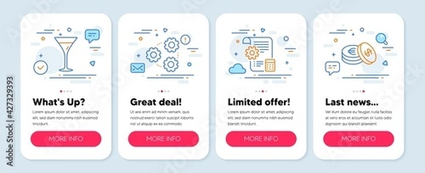 Fototapeta Set of Business icons, such as Gears, Settings blueprint, Martini glass symbols. Mobile app mockup banners. Savings line icons. Work process, Report document, Wine. Cash coins. Gears icons. Vector