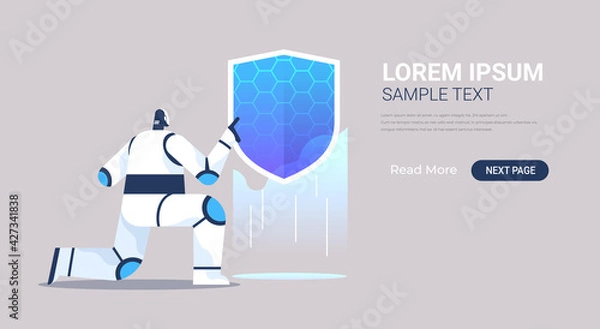 Obraz robot holding shield web data security technology protection   artificial intelligence concept