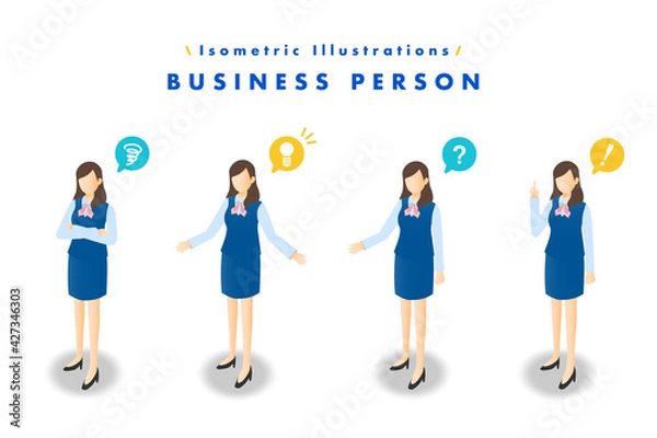 Obraz アイソメトリックイラスト 女性会社員の立ち姿セット 吹き出しアイコン付き