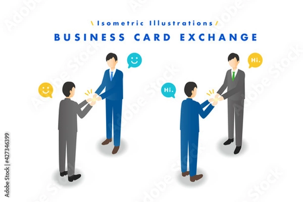 Obraz アイソメトリックイラスト ビジネスマンの名刺交換 吹き出しアイコン付き