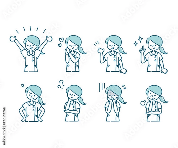 Obraz 白衣を着た女性看護師の感情表現イラスト（上半身）