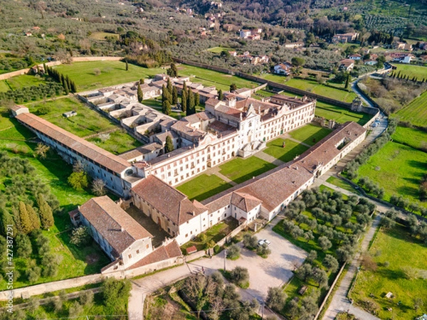Fototapeta Ancient Medieval Charterhouse of Calci, Pisa- Tuscany. Aerial view from drone
