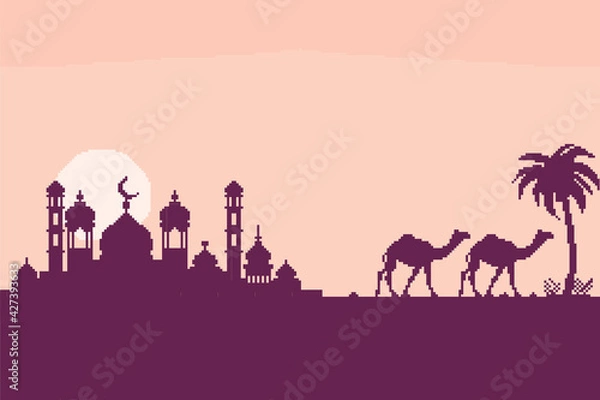 Fototapeta Pixel art with the theme of the month of Ramadan, Muslim traditions. there is a mosque building and two camels under a sky full of stars