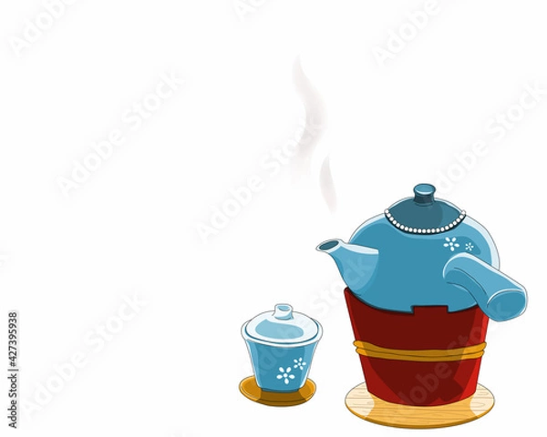 Obraz A Hot Ceramic Teapot on the tea stove and a ceramic cup of tea. Isolated retro tea set on white background. Close up drawing vector illustration.