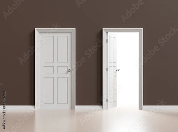Fototapeta White open and closed doors on brown wall background, 3d illustration.