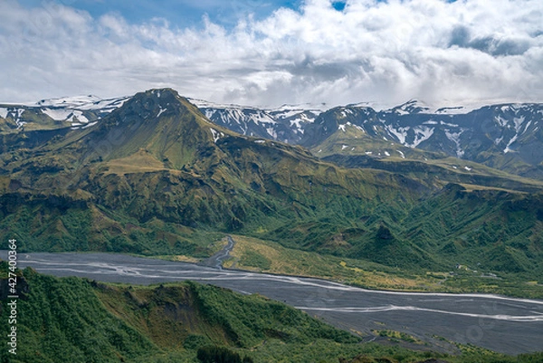 Fototapeta Dramatic clouds coming to the valley of Thorsmork, southern Iceland. View from the road down off Valahnukur. Laugavegur trail.