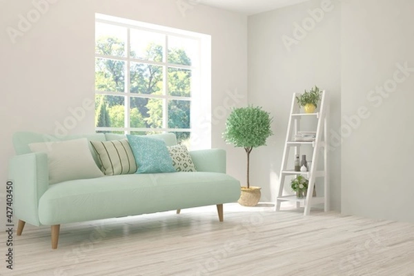 Fototapeta White living room with sofa and summer landscape in window. Scandinavian interior design. 3D illustration