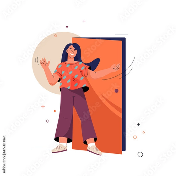 Obraz Welcome concept. Smiling woman stands at door