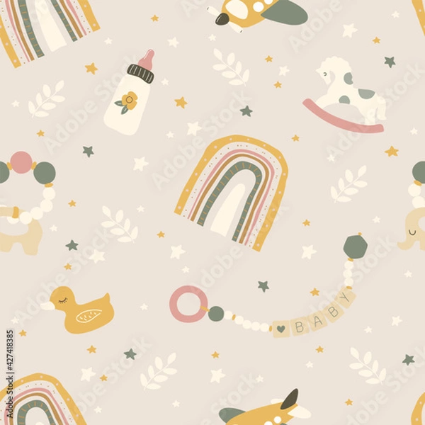 Obraz Boho newborn baby seamless pattern. Icons of baby items.