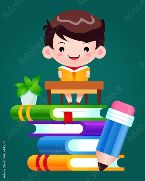 Fototapeta Happy Boy Reading Book On Stack Of Books