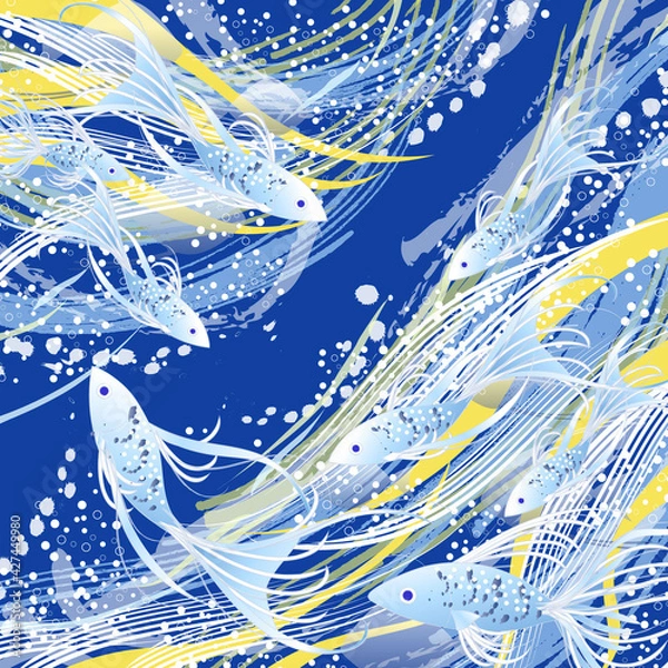 Fototapeta 着物柄_fish_blue