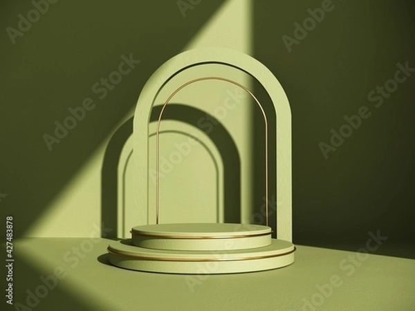 Fototapeta 3D render, Abstract composition, background with geometric Objects and shadow on the wall. Showcase, Podium, stand of stairs, golden arches for advertising, presentation of goods, products. 