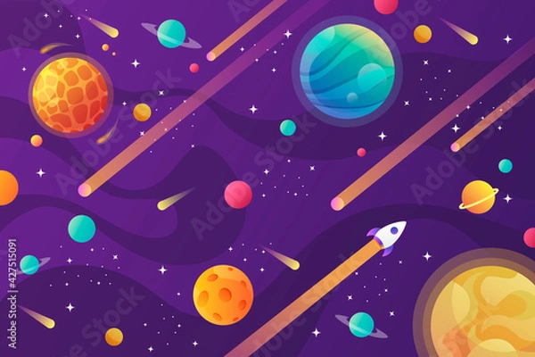 Fototapeta Cartoon space background with abstract shape and planets. Falling asteroids. Purple background. Vector illustration.
