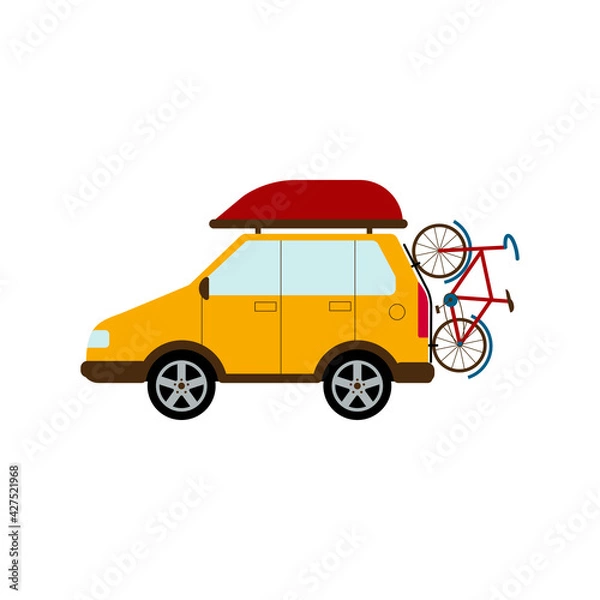 Obraz Travelling by car. A car with aero bag and a bicycle. Family hobby. Flat style Vector Illustration.
