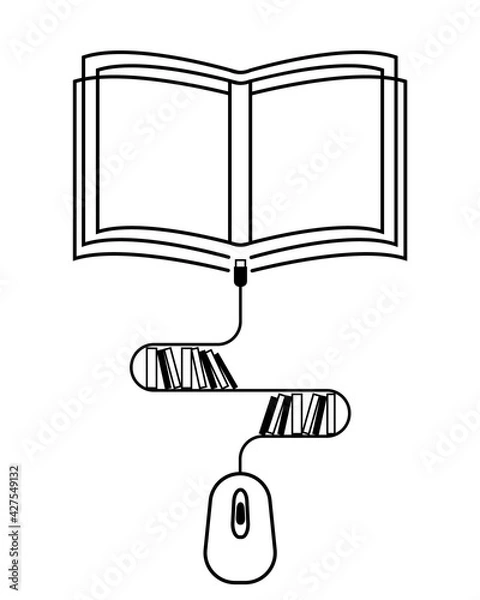Fototapeta An open book, to which a computer mouse is connected, its cord in the form of a shelf with books as a symbol of the library. Audiobook icon design, distance learning, easy reading.