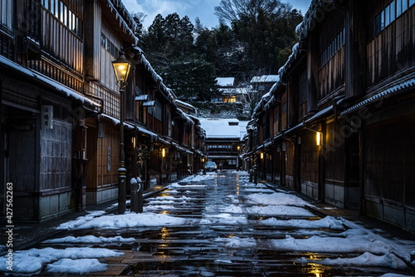 Obraz 金沢・ひがし茶屋街の雪の朝
