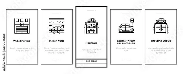 Fototapeta Underground Parking Onboarding Mobile App Page Screen Vector. Underground Multilevel Parking Building, Barrier And Automatical Gate, Elevator Lifting Transport Illustrations
