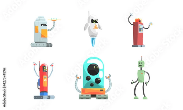 Obraz Set of Robot Cartoon Characters, Friendly Android Assistants, Artificial Intelligence Worker Vector Illustration