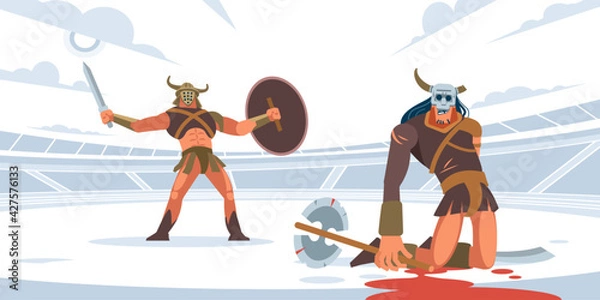Fototapeta Gladiator defeated the legendary giant fighter. Vector isolated illustration. Flat cartoon style