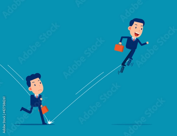 Fototapeta Partner uses spring to jump in front of his companion. Business competition concept