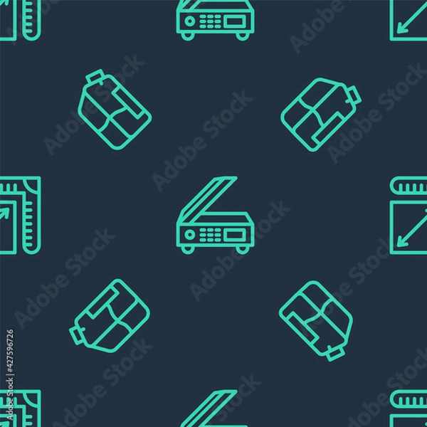 Fototapeta Set line Scanner, Printer ink bottle and Paper size on seamless pattern. Vector