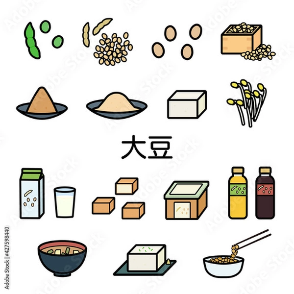 Obraz シンプルでかわいい大豆食品のイラストセット
