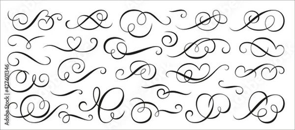 Fototapeta Calligraphic swirl ornament, line style flourishes set. Filigree vignette ornamental curls. Decorative design elements for menu, certificate, diploma, wedding card, invatation, outline text divider