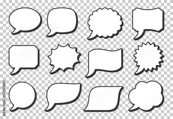 Obraz Pop art speech bubble icon set on transparent background. Cartoon retro bubbles. Boom, burst, wow effect empty vintage frame. Vector design fun comic page dialog text message balloon template shapes