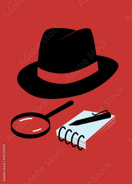 Obraz Fedora hat, magnifying glass, notepad and pencil on red background. Investigation concept illustration. Book cover template.