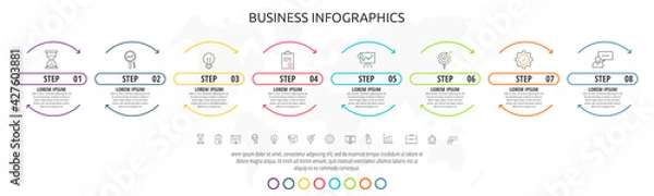 Fototapeta Infographics timeline with eight steps, icons. Line data vector template. Used for diagram, business, web, banner, workflow layout, presentations, flowchart, content, levels, processes diagram