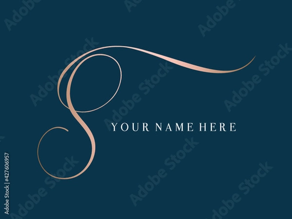 Fototapeta Letter S logo.Decorative creative calligraphic icon isolated on dark fund.Lettering sign for beauty, elegant, luxury brand.Alphabet initial.Swirl element.Character shape.Rose gold color.