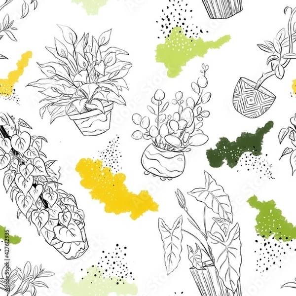Obraz Hand drawn bright funny doodle pattern with home plants