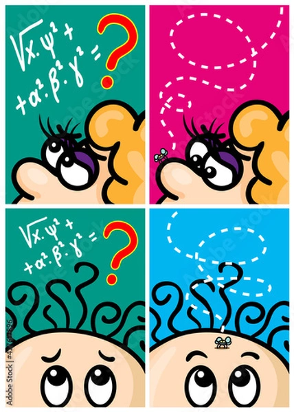 Fototapeta Vector set of humor cartoons, solving problem, fly with line path. Hand drawn. Print illustration