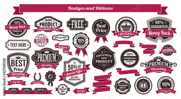 Fototapeta Set of vintage badges and ribbons isolated on white background. Vector print illustration