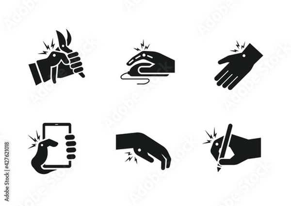Fototapeta activities cause trigger finger icon set, hand and finger joint pain from repeatedly work, flat design