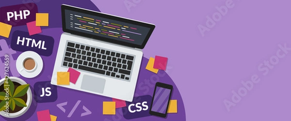 Fototapeta Web development and coding concept web banner with copy space on purple background. Flat lay illustration of a programmer workspace.