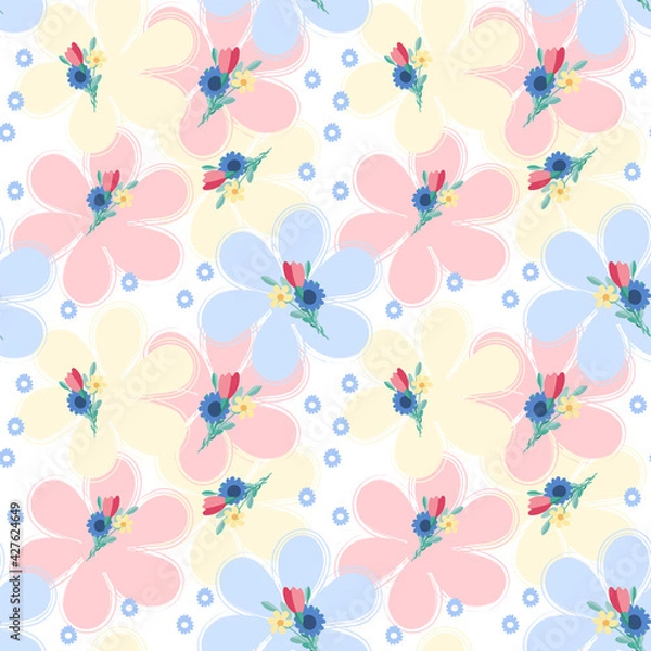 Fototapeta Seamless pattern with flowers and leaves. Sample style. Vector doodles . Vector endless texture
