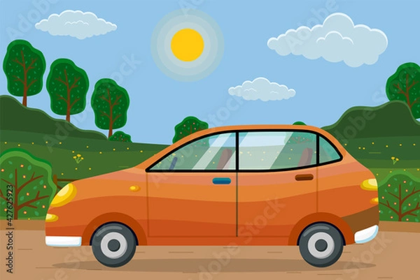 Fototapeta Modern car parking along town street in cartoon style. Vehicles car on city street