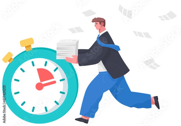 Fototapeta Large stopwatch, running businessman isolated on white. The employee is late and wants to be on time