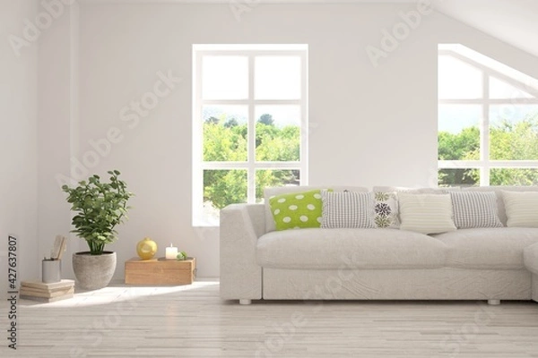 Fototapeta White living room with sofa and summer landscape in window. Scandinavian interior design. 3D illustration