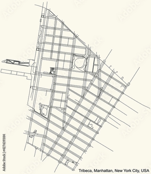 Fototapeta Black simple detailed street roads map on vintage beige background of the quarter Tribeca neighborhood of the Manhattan borough of New York City, USA