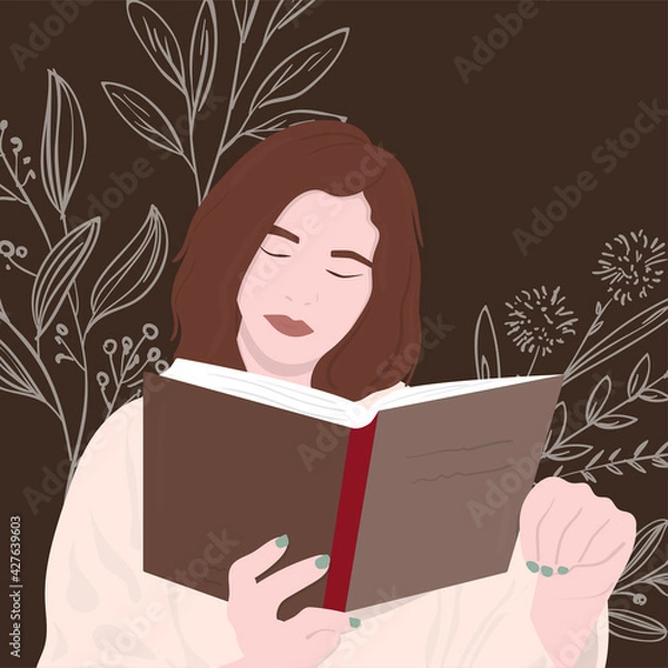 Fototapeta Focused girl reading a book on flowered background, booklover concept