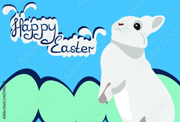 Fototapeta easter bunny with eggs on blue background poster.