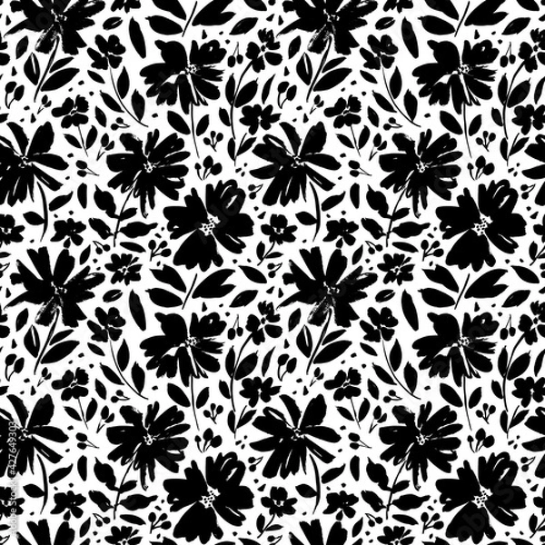 Fototapeta Brush flower vector seamless pattern. Hand drawn botanical ink illustration with floral motif. Chamomile or daisy painted by brush. Hand drawn black print for fabric, wrapping paper, wallpaper design