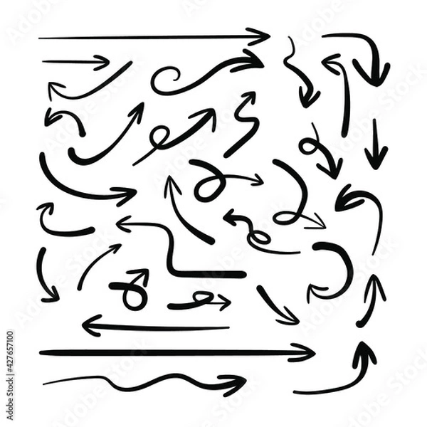 Fototapeta Vector set of arrows, black ink paintings isoalted on white background, drawings set, directional signs.
