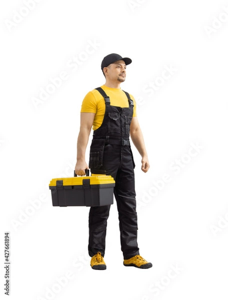Obraz worker with construction tools in tool-box