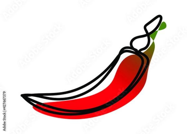 Fototapeta Vector illustration of chilli pepper in one line endless style. Green and red abstract spot background. Can be applied as a sticker, icon, logo.